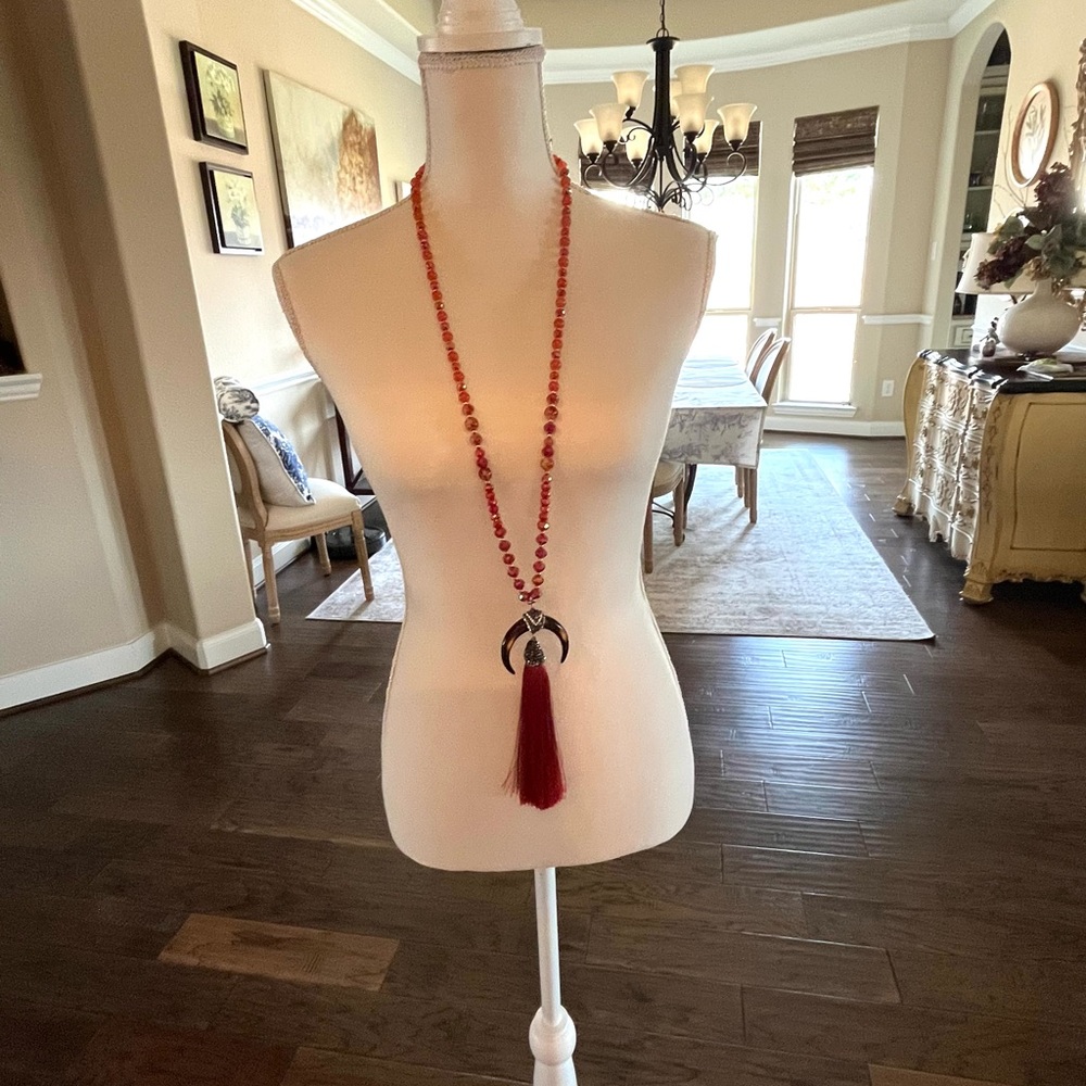 Elegant Orange Beaded Necklace with Tassel Ornate Horn Burnt Orange Long